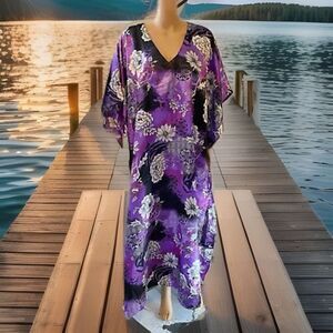 Gold Coast Women Kaftan Dress OneSize Satin Purple Floral Tropical Hawaiian Boho